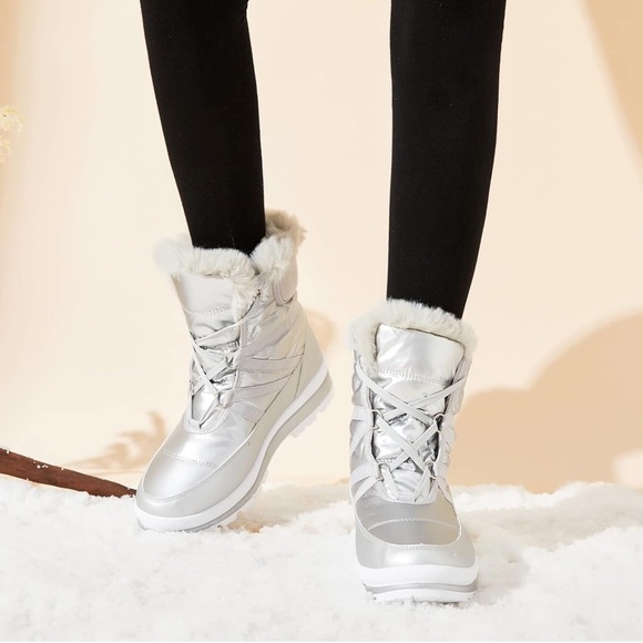 Warm Fur Lined Mid-Calf Boots Waterproof Winter Snow Boots Non-slip - Silver - Picture 6 of 6